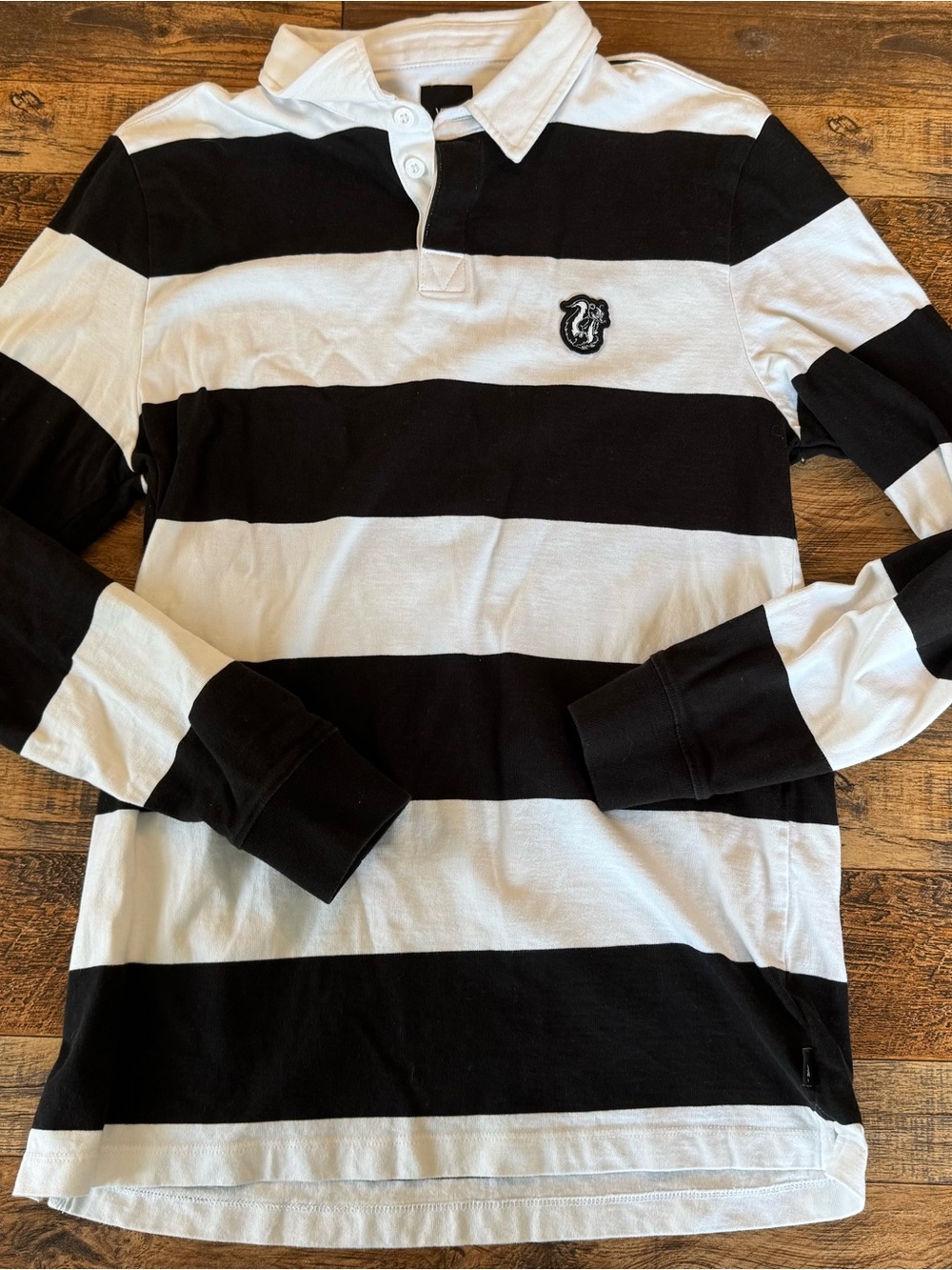 Vans Men’s Black White Striped Rugby Polo Long Sleeve Shirt M 100% Cotton - Picture 2 of 7